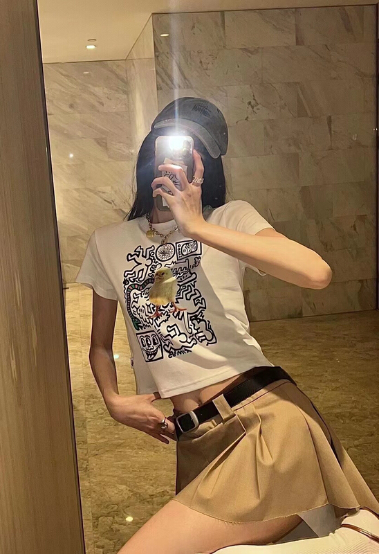 [Nancy] cartoon graffiti contrast color chick cute print short sleeve T-shirt ys1-t16# WPL