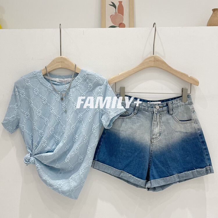 [family +] simple Crochet Lace Top + custom hanging dyed denim shorts set 2120# ozq