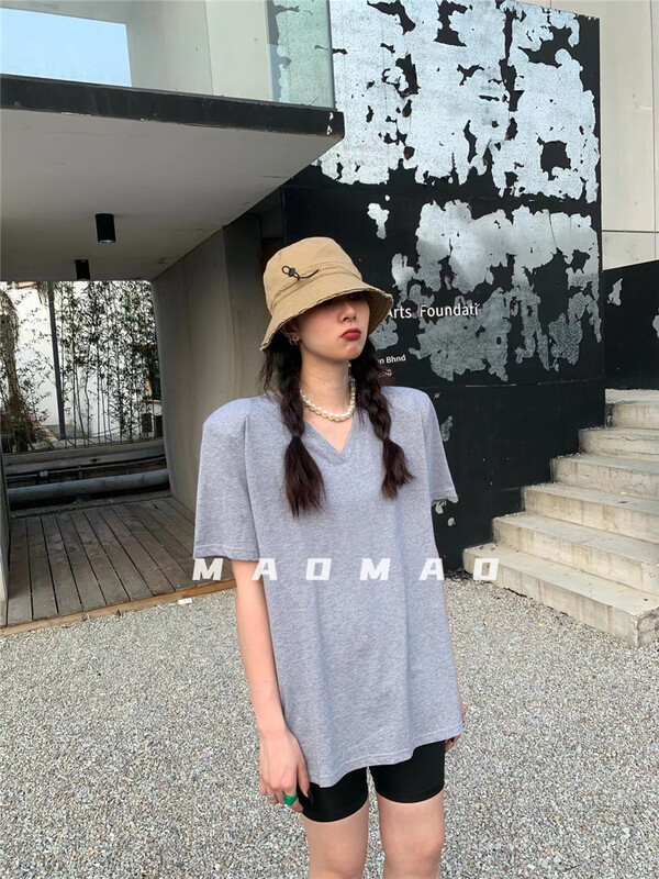 Original price 39.48! [Maomao] V-neck back label loose short sleeve T-shirt 695# WTT