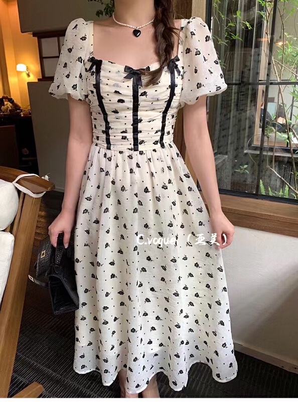 [c.vogue] French retro soft contrast floral waist dress 28270# PCZ