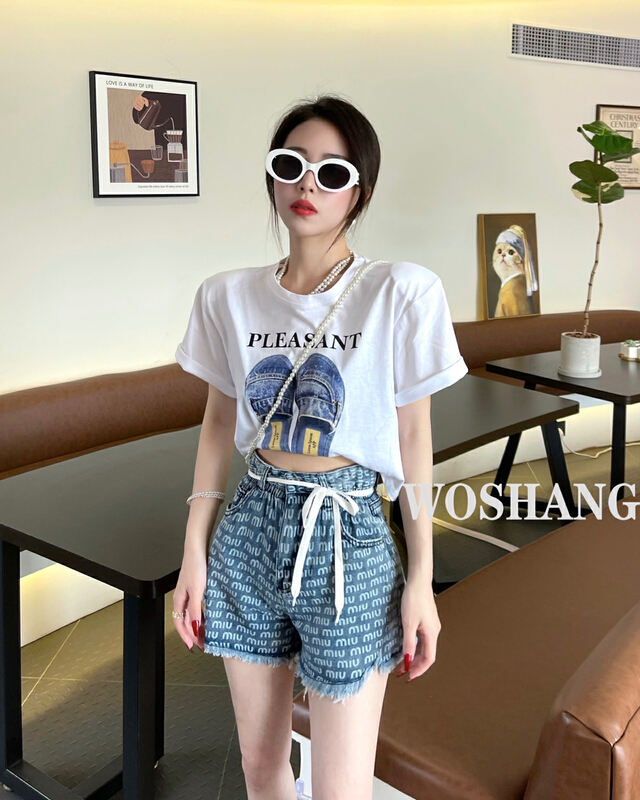 New in early summer! [woshang] round neck short sleeve shoulder pad letter short sleeve T-shirt 1201# XYJ