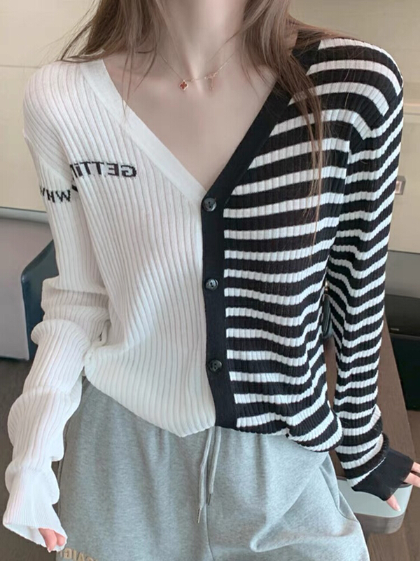 [f · P] letter versatile stripe long sleeve knit cardigan 37020# HBx