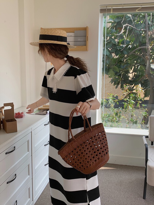 goods in stock! New in early summer! [Mimosa] Korean casual stripe straight dress 1182# hjy