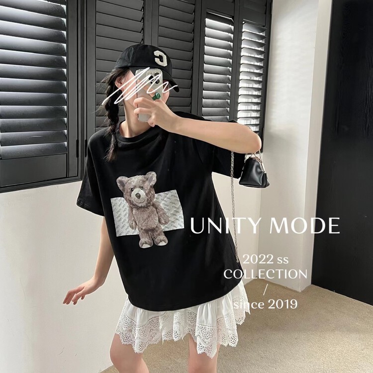 [unit] bear loose round neck short sleeve T-shirt 8820-1# cqw