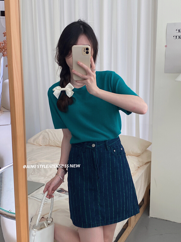 [aimistyle] design sense niche stripe high waist A-line denim skirt 10291# HBx