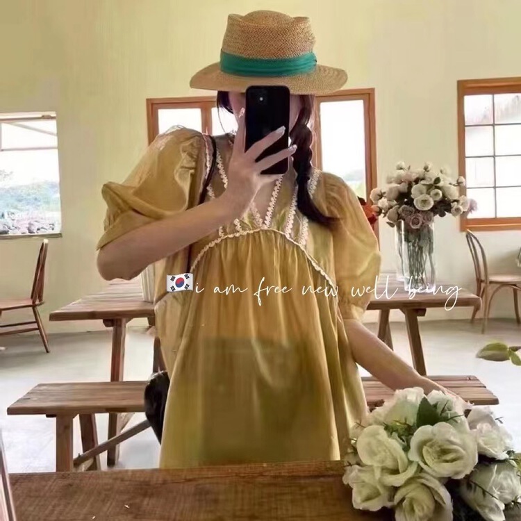 [free studio] Korean lady V-neck micro transparent blouse 2369# hjy
