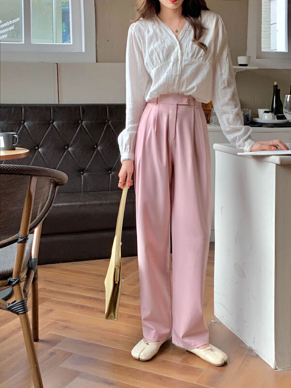 goods in stock! New year in early spring! [timely rain] slim, high waist, versatile, hanging feeling, high waist, wide leg casual pants (pants only) 25891# WPL