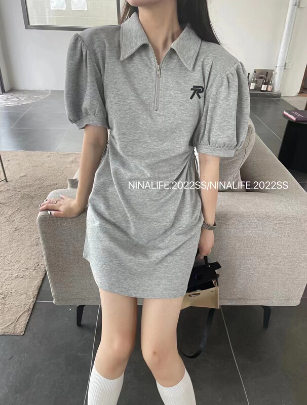 [b.boom] waist drawstring design polo collar dress 8908# ozq