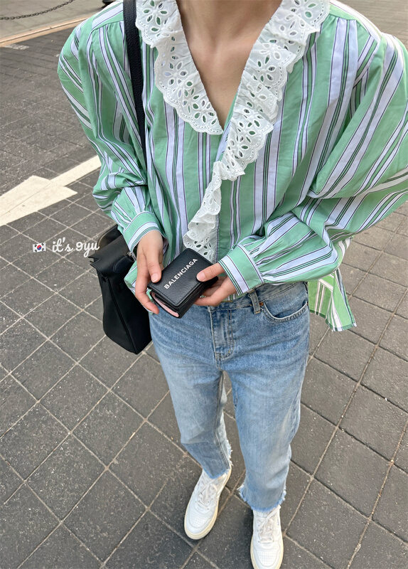 New in early summer! [JY] Korean stripe Ruffle versatile long sleeve shirt 6611# CLS