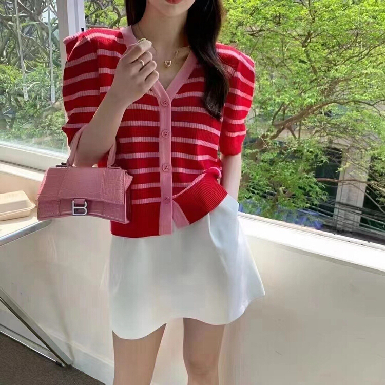 【MI+】韓版條紋撞色短袖針織開衫  2101#  OZQ