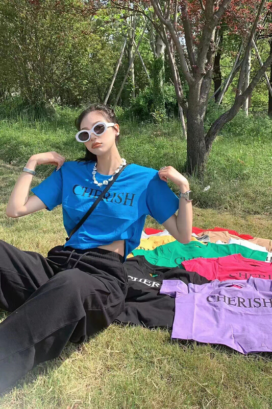 [Yuanxi] design sense letter printing hollow out short sleeve T-shirt 01# LSL