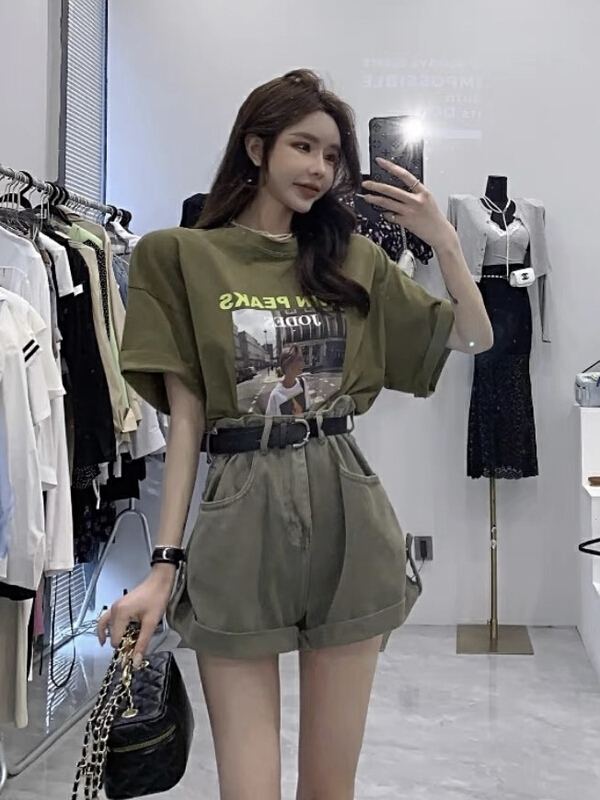 [JH] net red cartoon letter cotton T-shirt + art casual Shorts Set (with belt) (only set) 41657# PCZ