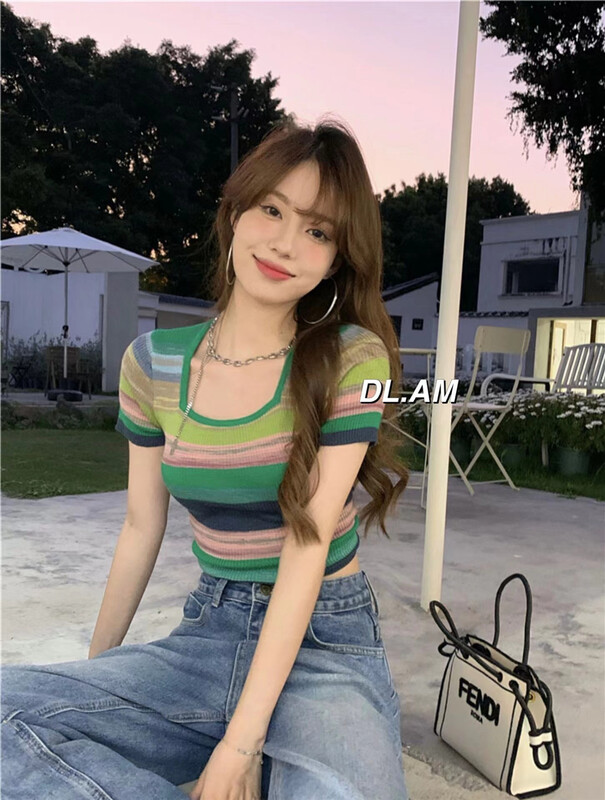 [dl. Am] Korean version square neck color stripe short sleeve shirt 80166# WPL
