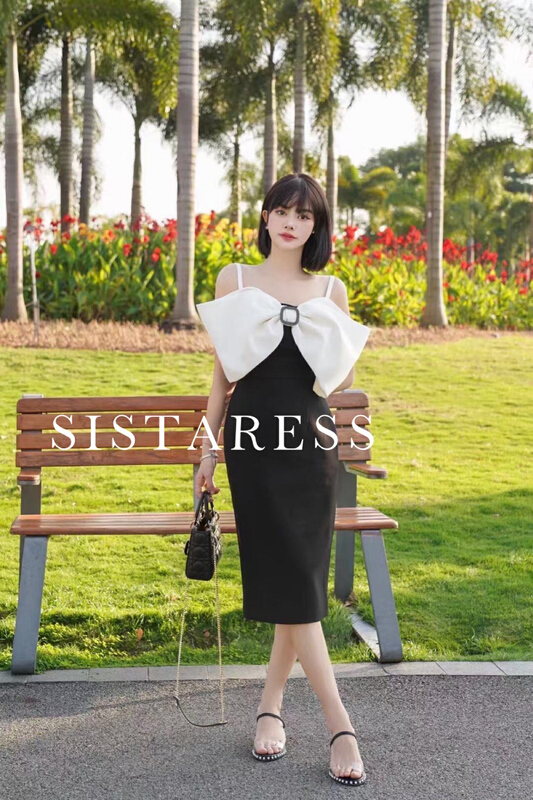 [Sistar] celebrity style black and white bow strap dress 9209# JJ