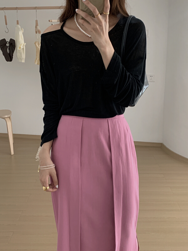 [on line] Tencel simple single off shoulder solid color versatile long sleeve T-shirt a36792# lwy