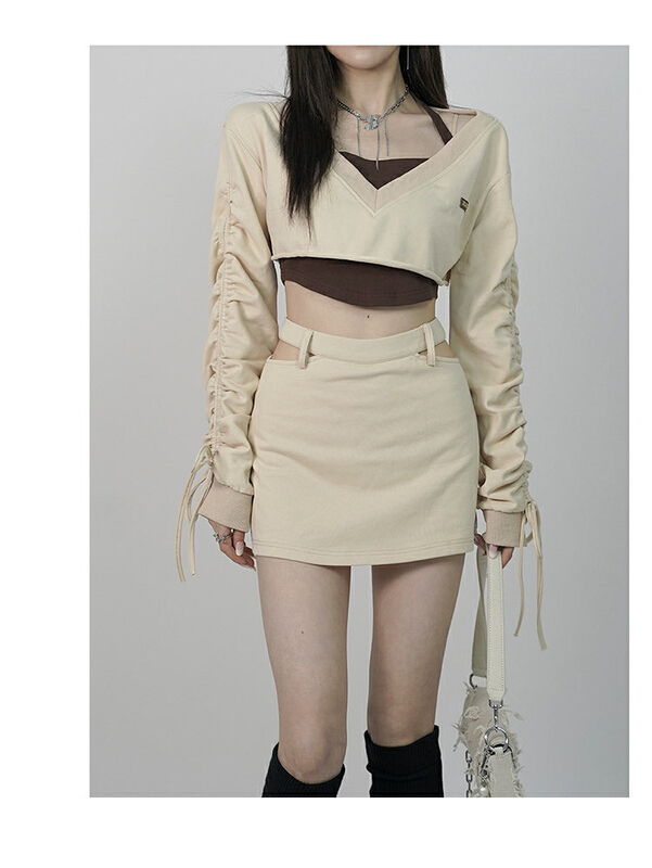 [jun.t] Korean Style Sexy Girls' short V-Neck Sweater + neck vest + hip hollow skirt suit 5638# PCZ