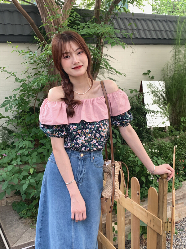 [as] small fresh broken flower shoulder shirt 2214# hjy