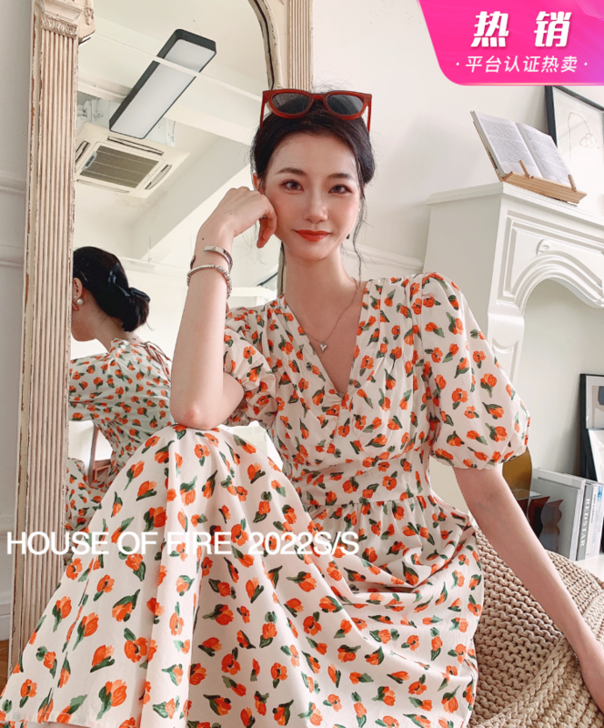 [huohuohuo hoodress] Korean V-neck floral waist dress 22104# ozq