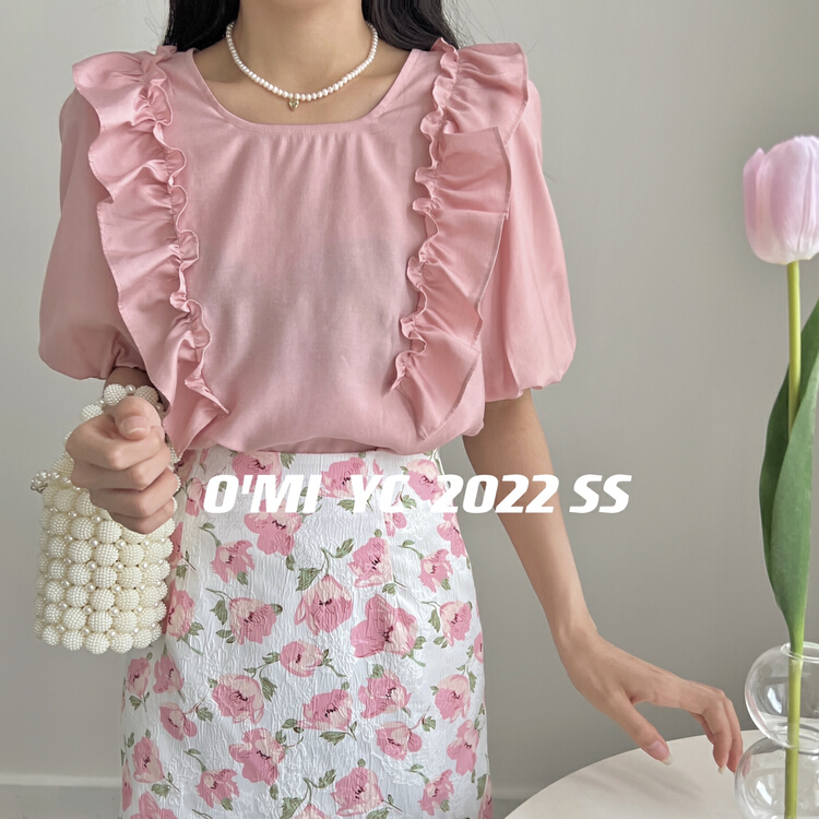 [O MI] French style fungus side bubble sleeve square neck blouse 8323# HBx