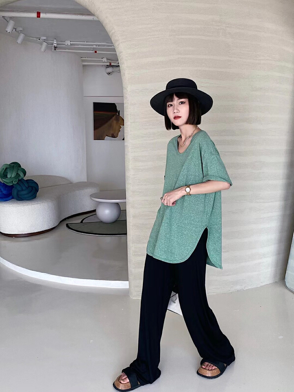 [Yuanxi] Korean V-neck loose and versatile short sleeve T-shirt ys1-831# LSL