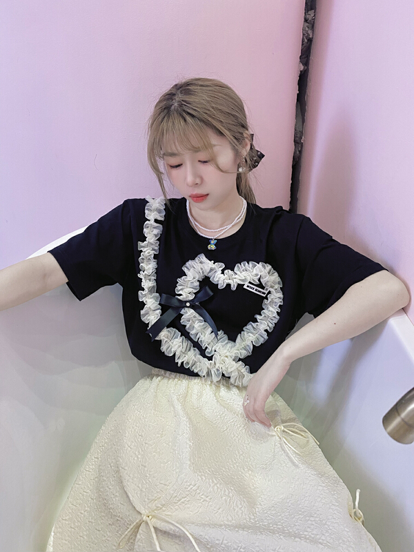 New in early summer! [twins] stitched sweet bow short sleeve T-shirt 3039# hjy