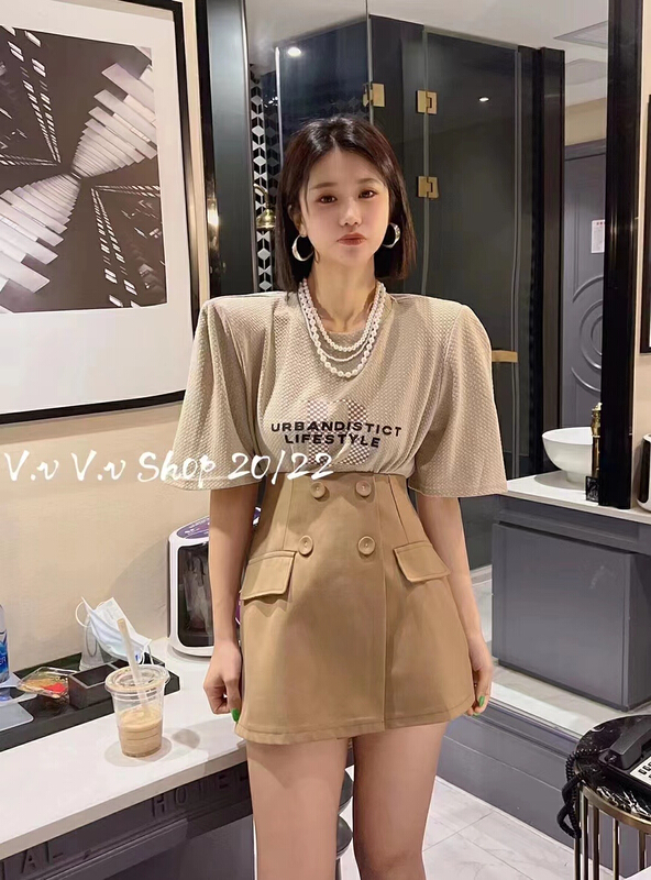 [c.x original heart] letter shoulder pad minority design Short Sleeve T-Shirt + slim and versatile skirt and Pants Set k813# WTT
