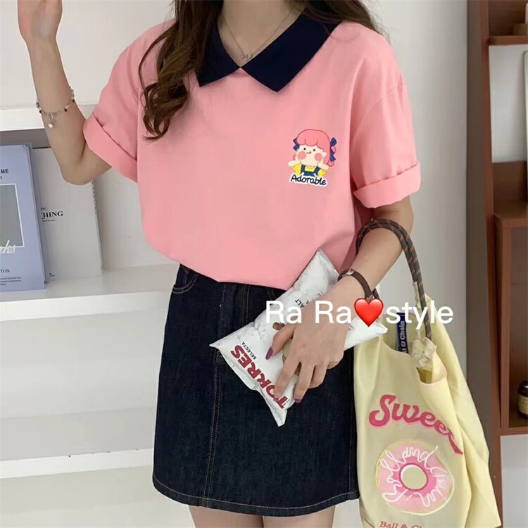 [rara] Korean color blocking cartoon printed polo collar short sleeve T-shirt 1008# LSL