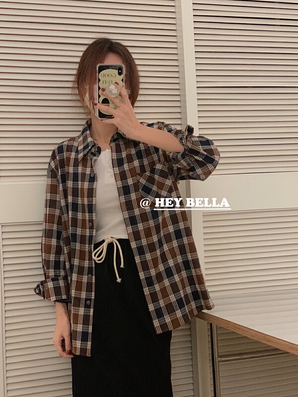 Original price 55.67! New year in early spring! [hey Bella] Korean Plaid Vintage contrast shirt b22011# ll