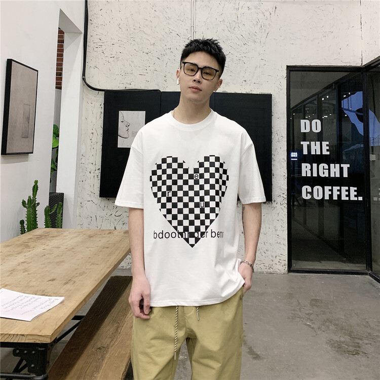 New in early summer! [Binli] round neck love checkerboard short sleeve T-shirt (excluding necklace) j312# ZZL
