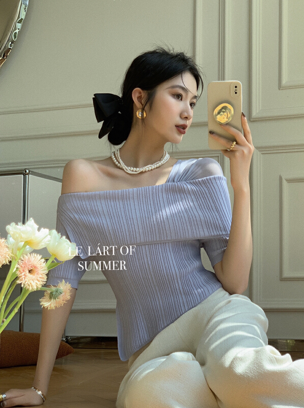 goods in stock! New in early summer! [le lart] pure style stitched mesh with irregular hem knit shirt (only sell knit shirts) xl2025436# XYJ