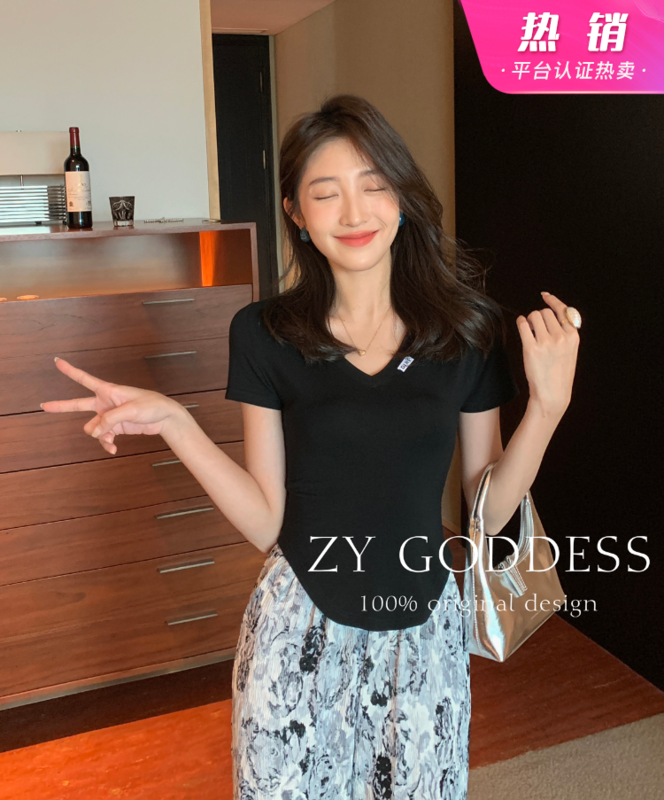 [ZY] pure style, slim fit small label, versatile, slim short sleeve T-shirt 68506# ozq