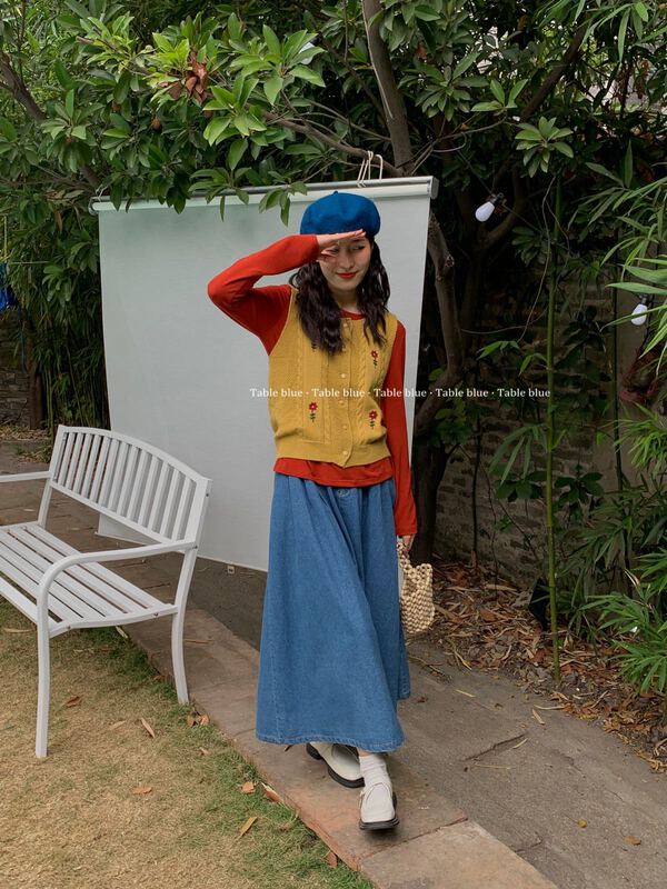 New year in early spring! [table blue] Korean style simple and versatile wash denim umbrella skirt 2000# LSW