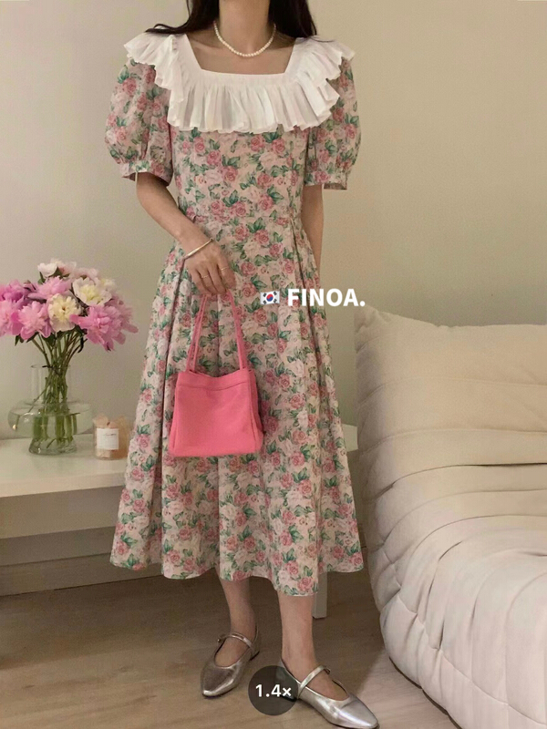 [finoa] small fresh lotus leaf collar floral dress 10427# CLS