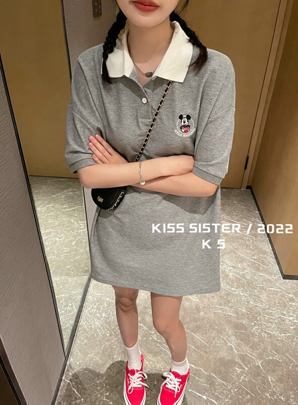 New in early summer! [kiss sister] Korean embroidered Mickey loose medium and long polo shirt 9155# ozq