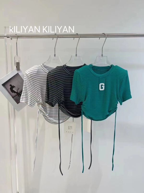 [Kili] striped lettered embroidered short sleeve T-shirt 2209# XYJ