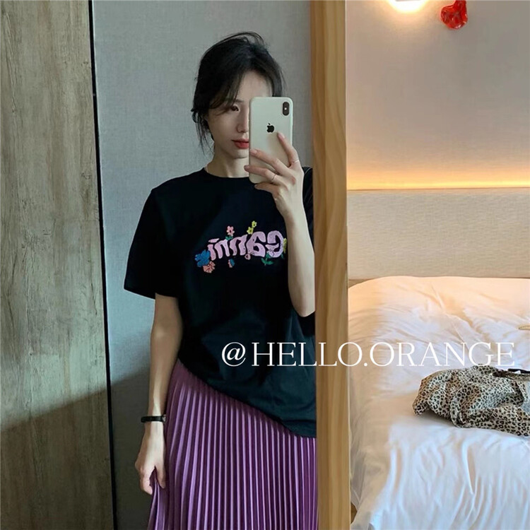 [orange] Korean loose letter short sleeve T-shirt + high waist pleated skirt set ys1-8845# HBx