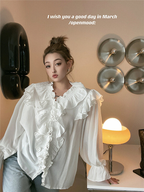 goods in stock! New in early summer! [open] Korean version solid color pleated shirt 3590# ozq
