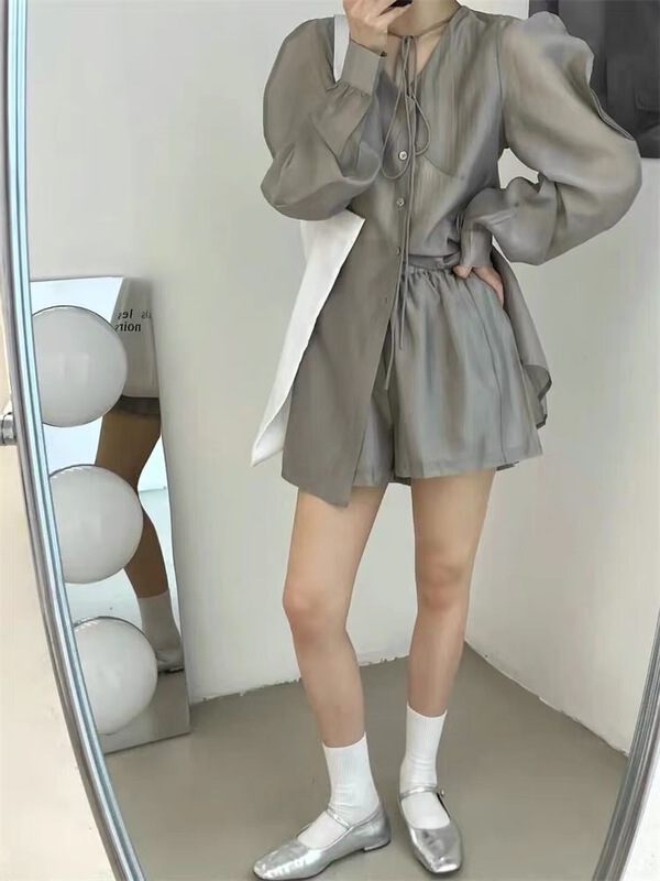 [yayirou] simple and loose V-neck Top + loose casual Shorts Set 5998# zyh