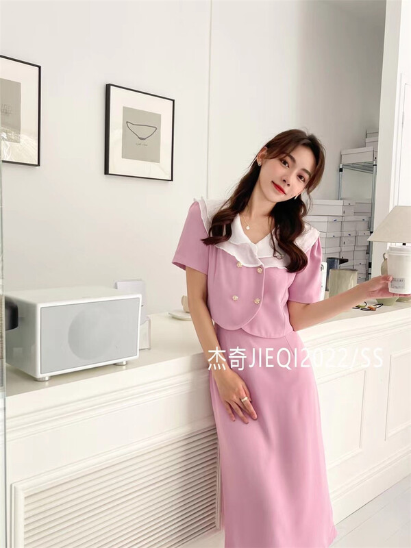 goods in stock! New in early summer! [Jieqi] Korean color contrast double neck blouse + medium length skirt suit 88529-88530# zxx