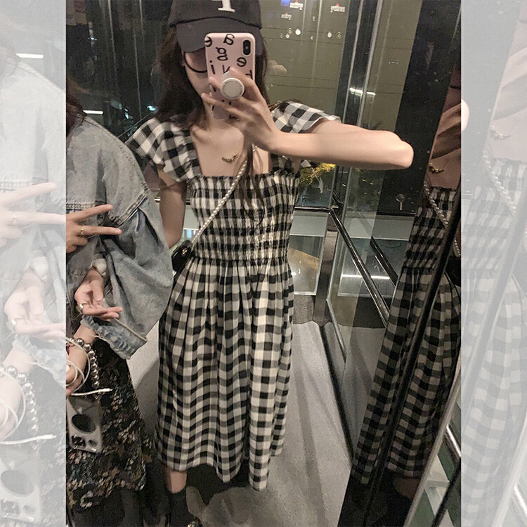 [wgwe] French Retro High Waist off shoulder square neck dress 1767# PCZ