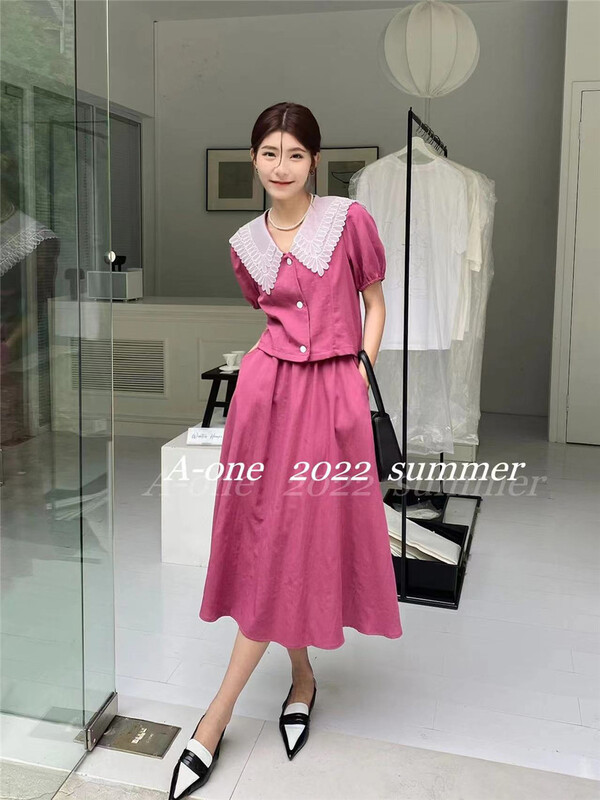 [A-One] Korean Ladies' large lapel color contrast blouse + simple solid color skirt set 22126# hjy