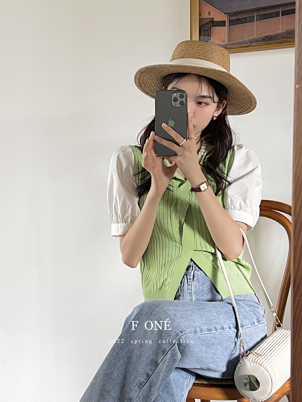 New in early summer! [f one] Korean style casual Lapel knit splicing shirt 66018# WPL