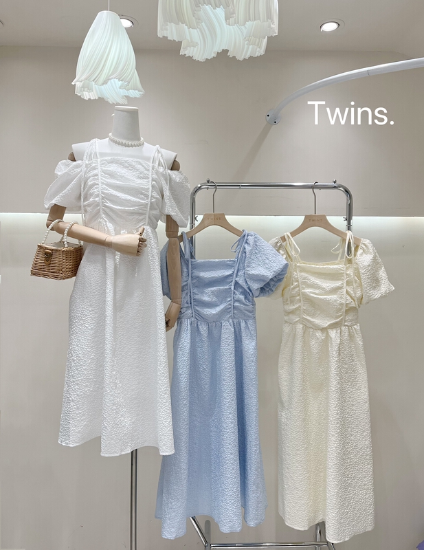 [twins] French Style Bubble Sleeve One Shoulder sling pleated design dress 8868# hjy
