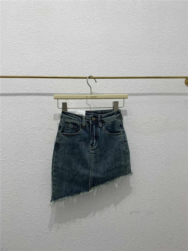 [u.she] Korean version with irregular rough edges and thin denim skirt 32171# cqw