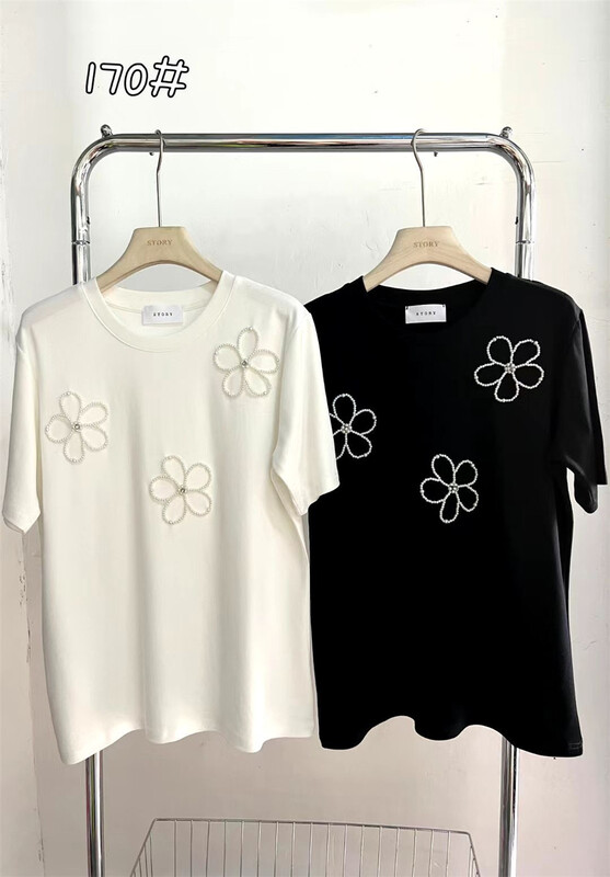 Early spring! [store] handmade pearl flower short sleeve T-shirt 170# L