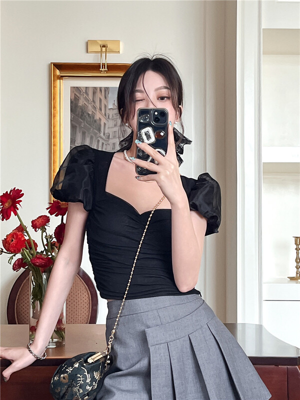 [d.ffstudio] mesh solid color short sleeve versatile blouse 1008# WTT