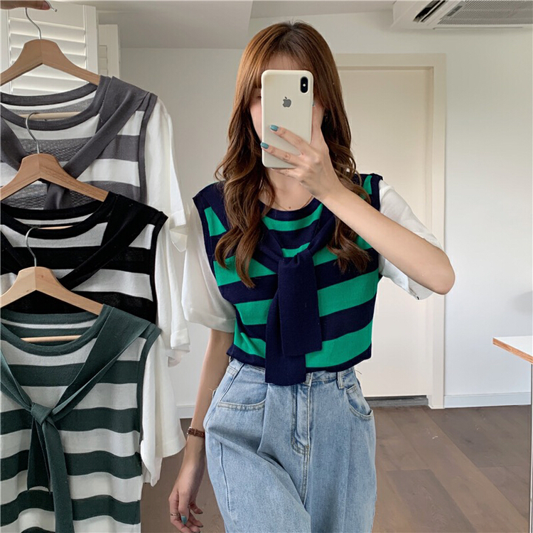 [F.P.] Korean college style ice silk fake two-piece striped sweater (with shawl) 81023# HBx