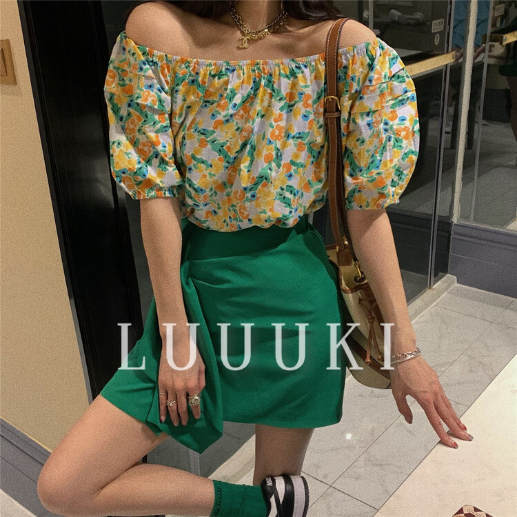 Original price 66.55! [luuki] Korean style one shoulder floral blouse 22028# ozq