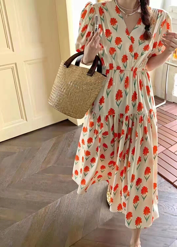 New in early summer! [JH] net red V-neck sunflower lace up dress 41490# PCZ