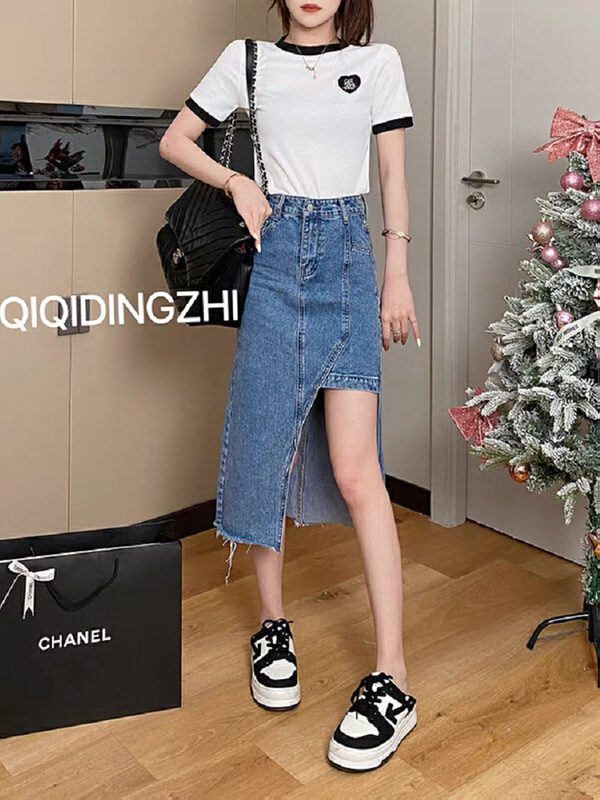 New in early summer! [L.L studio] contrast round neck short sleeve T-shirt + high waist irregular skirt set 7419# PCZ
